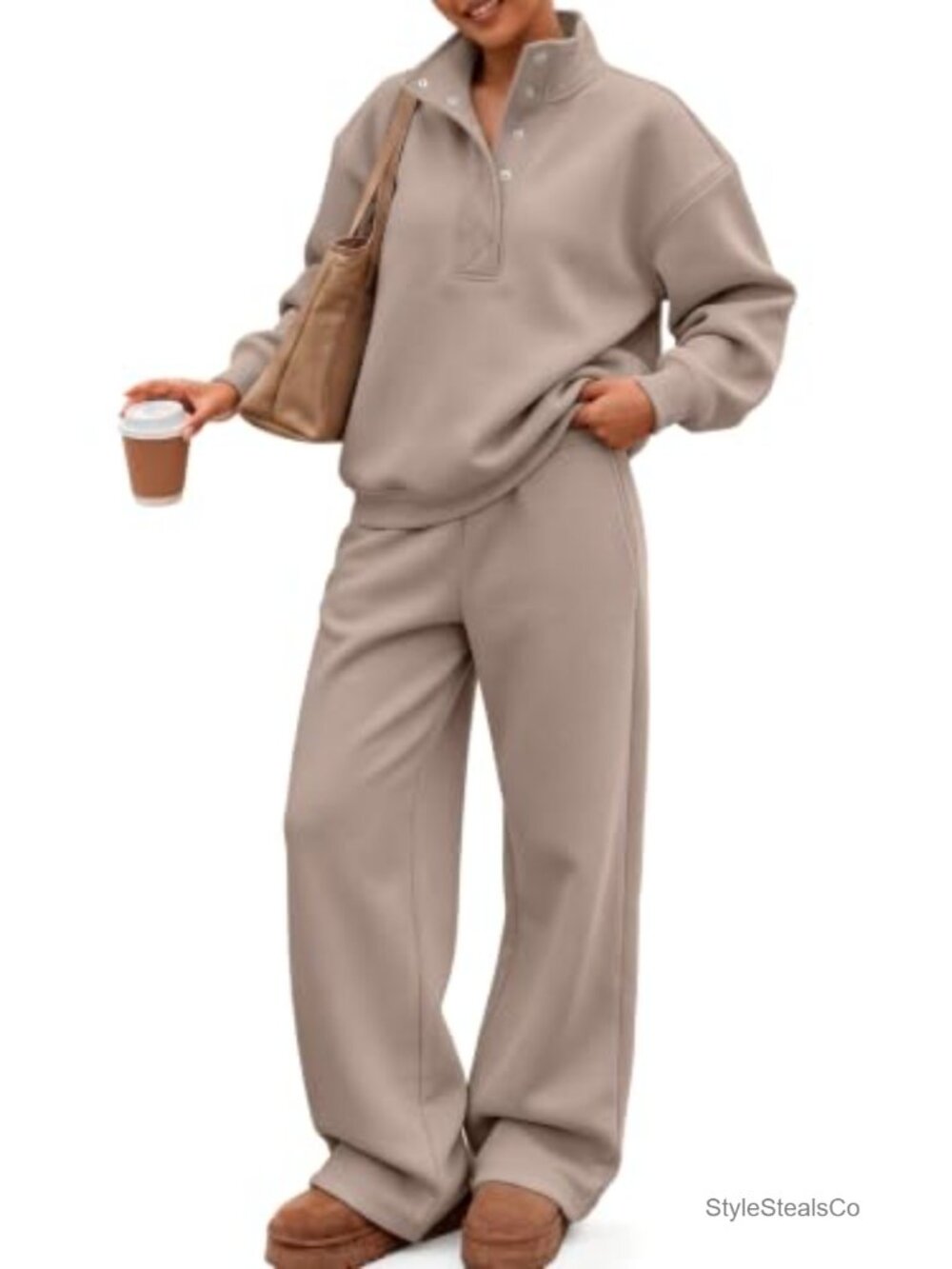 2 Piece Oversized Sweatsuit Set Snap Button Mock Neck Wide Leg Pants
